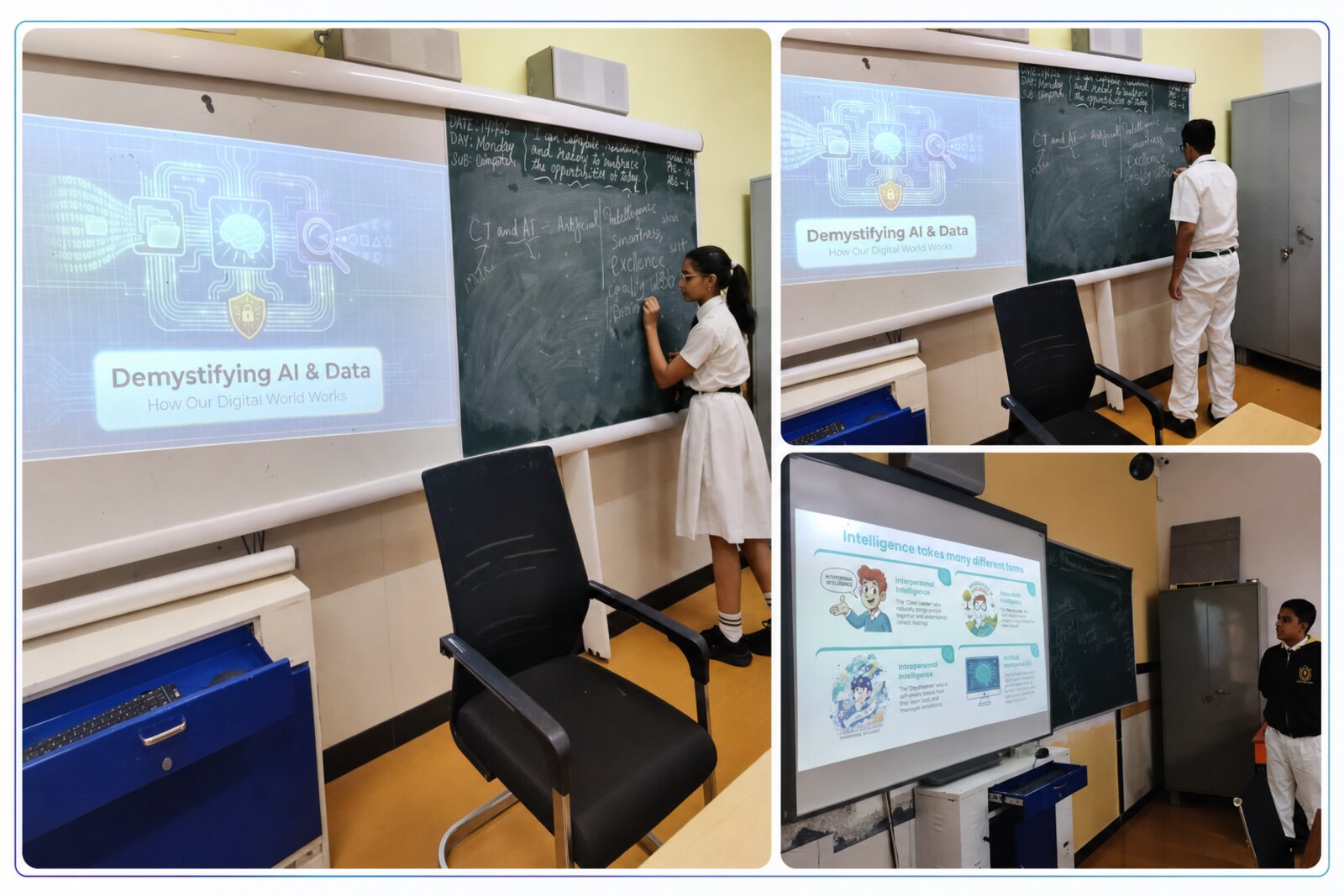 Students presenting AI concepts at the board — Demystifying AI & Data and the many forms of intelligence