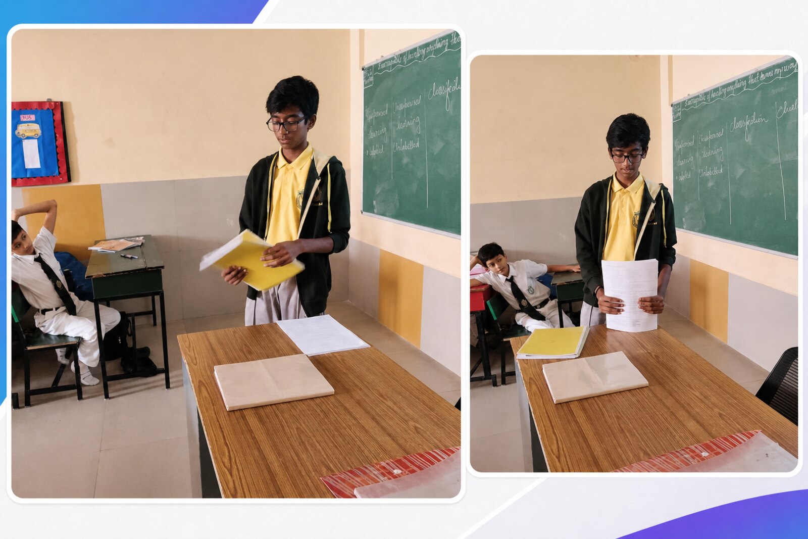 A student presenting the ideas of supervised and unsupervised learning to the class