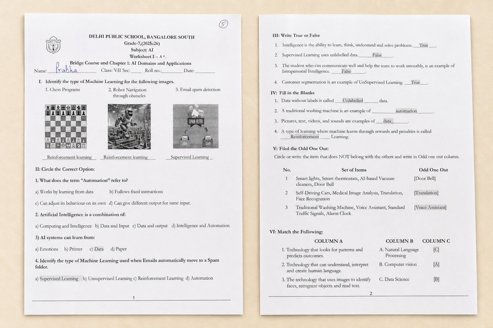 A printed Grade 7 AI worksheet — identify the machine-learning type, circle the option, true/false and match the following